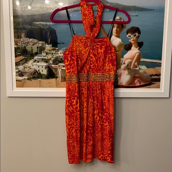 💕HP💕Laundry by Shelli Segal orange print halter dress - Picture 2 of 11